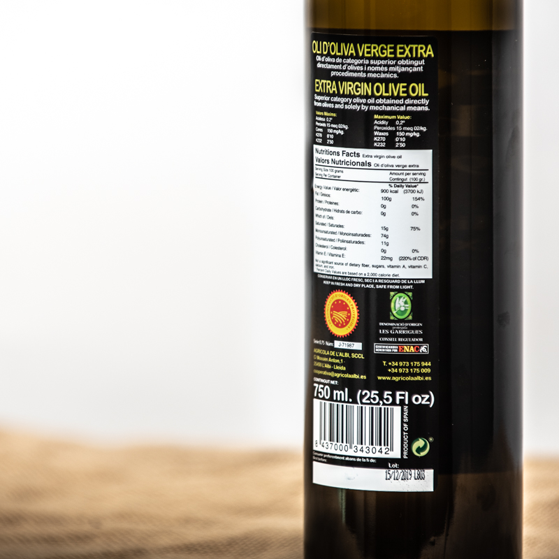 Oli d'oliva verge extra. Cooperativa Agrícola de l'Albi. Detalls etiqueta 750 ml oli